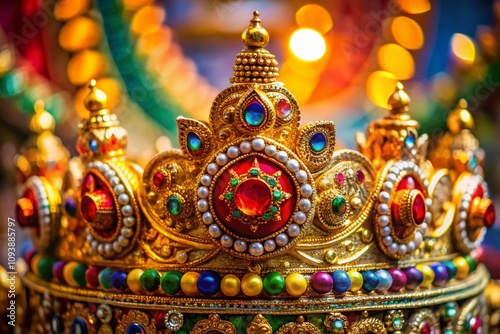 Exquisite Close-Up of a Hindu God’s Crown Reflecting Intricate Designs and Symbolism, Showcasing Spiritual Richness and Artistic Craftsmanship in Vibrant Colors and Detail
