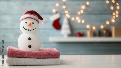 Christmasthemed bathroom with frosted snowman decals on the mirror, holiday lights, and festive towels photo