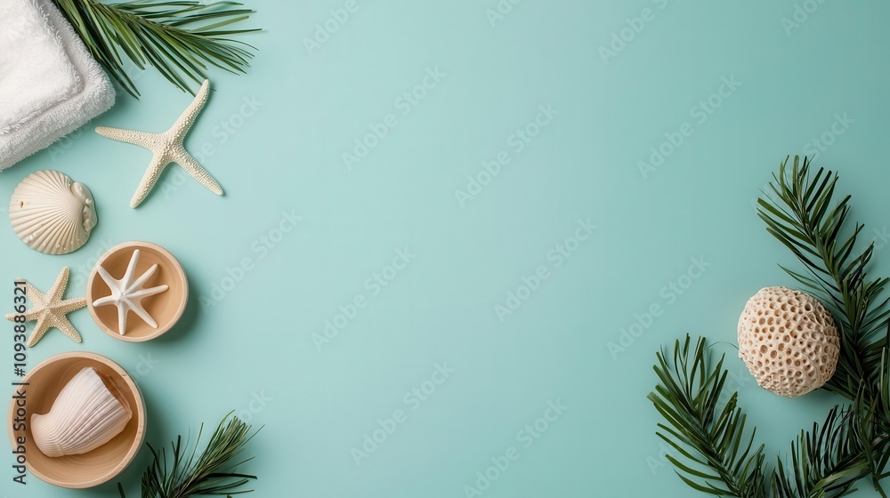Fototapeta premium Coastal Christmas bathroom with seafoam greens and sandy tones, decorated with starfish ornaments and holiday accents