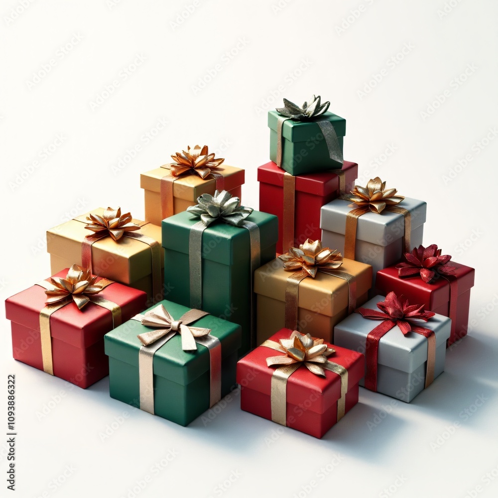 A collection of beautifully wrapped gift boxes in red, gold, green, and white with decorative ribbons, perfect for holidays, celebrations, or special occasions. A collection of beautifully wrapped gift boxes in red, gold, green, and white with decorative ribbons, perfect for holidays, celebrations, or special occasions.
