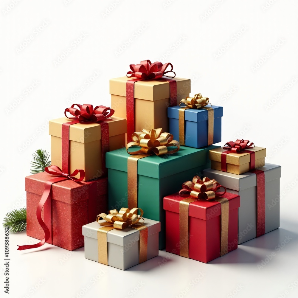 Obraz premium A collection of beautifully wrapped gift boxes in red, gold, green, and white with decorative ribbons, perfect for holidays, celebrations, or special occasions.