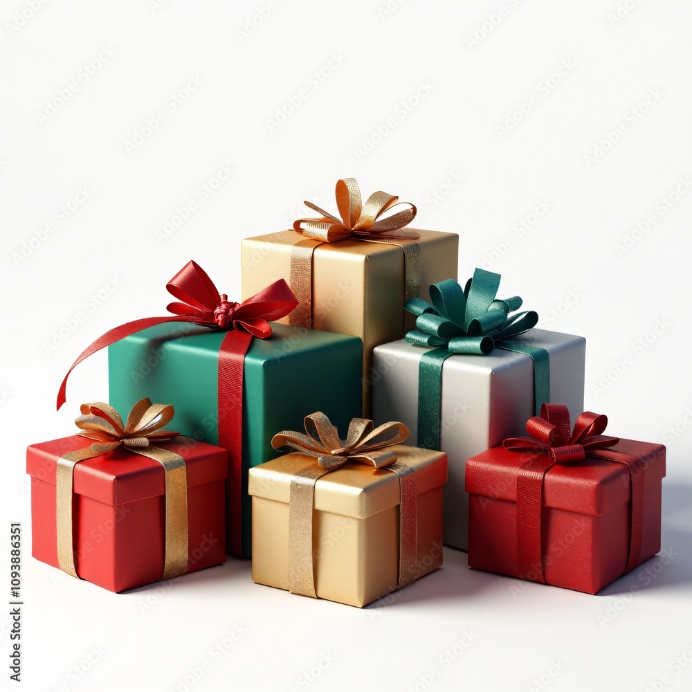 Obraz premium A collection of beautifully wrapped gift boxes in red, gold, green, and white with decorative ribbons, perfect for holidays, celebrations, or special occasions.