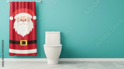 Children s bathroom with cheerful Christmas decals, a Santa Claus shower curtain, and holidaythemed hand towels photo