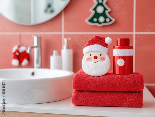 Festive holiday bathroom with Santa Clausthemed hand towels and a matching shower curtain photo