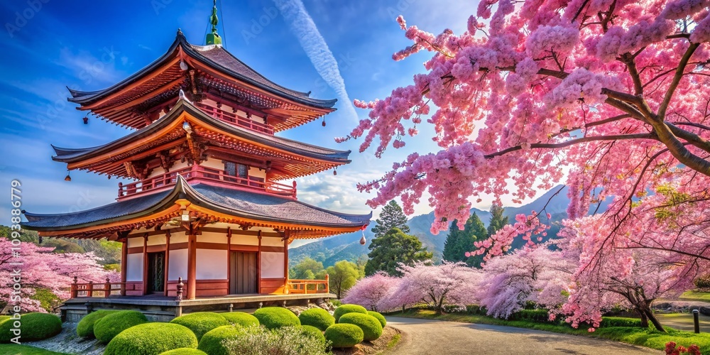 Fototapeta premium Exquisite Traditional Japanese Luxury Pagoda Home Surrounded by Blooming Sakura Trees in a Serene Landscape, Capturing the Essence of Japanese Architecture and Nature