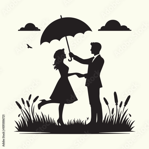 silhouette vector, The couple is depicted holding an umbrella on their head in a romantic moment silhouette vector black  and white