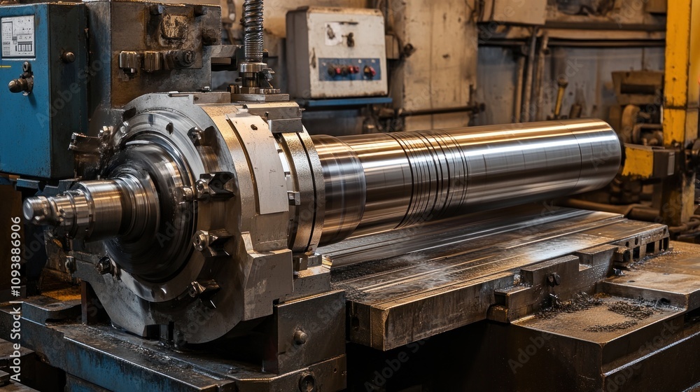 Industrial lathe machine in a workshop, cutting a metal cylinder, high precision, realistic lighting, metallic textures Industrial lathe machine in a workshop, cutting a metal cylinder, high precision, realistic lighting, metallic textures