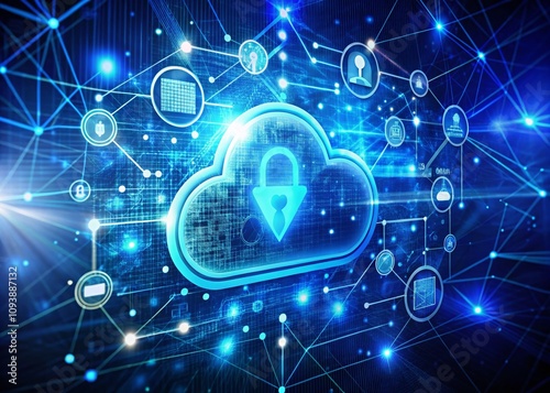 Fashion Photography Conceptualizing Cloud and Edge Computing Technology with Cybersecurity Protection, Featuring a Prominent Cloud Icon and Binary Code on a Dark Blue Background