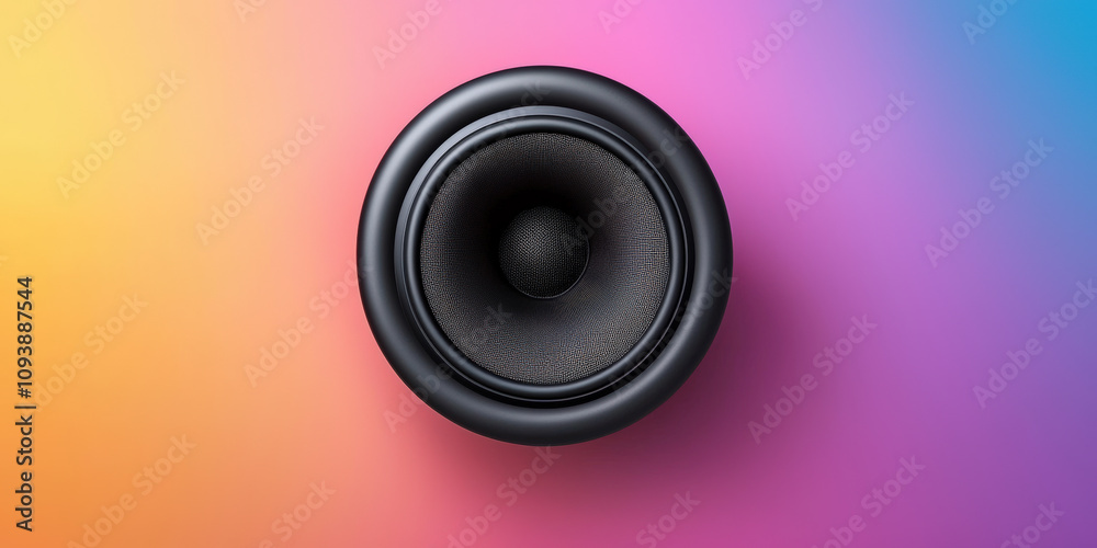 A close-up of a black speaker on a vibrant gradient background, highlighting its texture and design. A close-up of a black speaker on a vibrant gradient background, highlighting its texture and design.