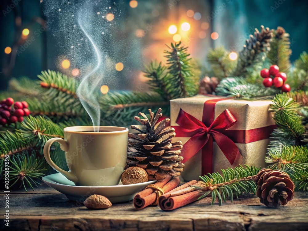 Festive Christmas Gift Scene with Coffee, Pinecones, and Holiday Cheer in a Beautiful Double Exposure Photography Style