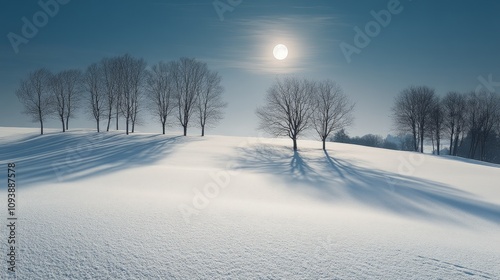 A field covered in untouched snow under a full moon, with long shadows of bare trees stretching across.