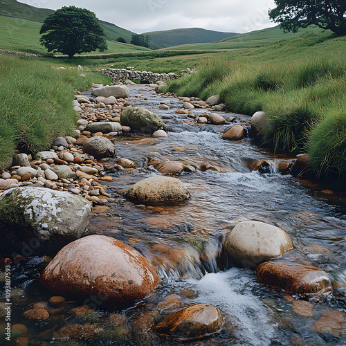 little dale beck river flowing over rocks and pebbles in a lush green landscape below whernside highlighted by white, png photo