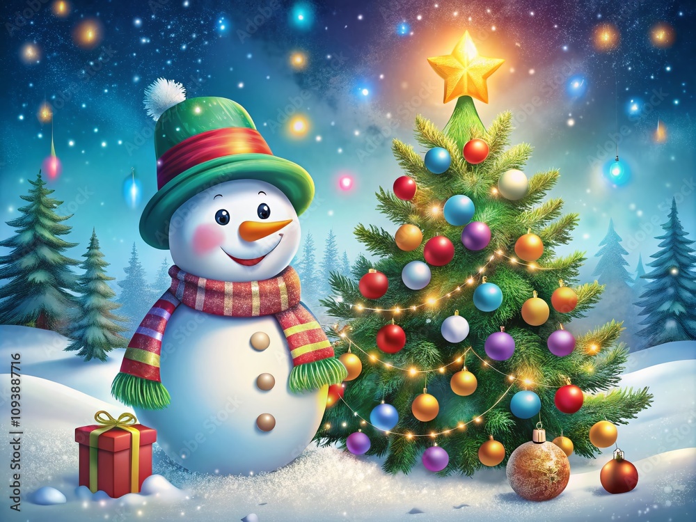 Festive Christmas Scene Featuring a Cheerful Snowman with a Beautifully Decorated Tree Surrounded by Glowing Ornaments and a Soft Layer of Snow for Holiday Celebrations Festive Christmas Scene Featuring a Cheerful Snowman with a Beautifully Decorated Tree Surrounded by Glowing Ornaments and a Soft Layer of Snow for Holiday Celebrations