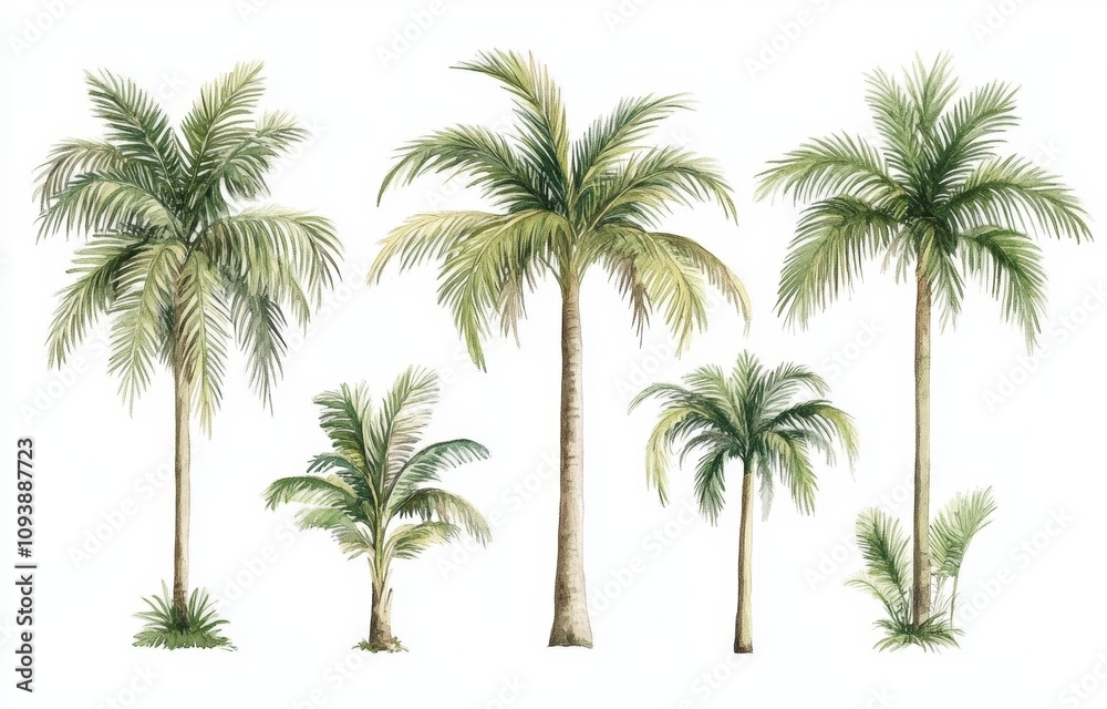 Watercolor illustration of palm trees tropical plants green foliage isolated on white background vintage coconut banana Watercolor illustration of palm trees tropical plants green foliage isolated on white background vintage coconut banana