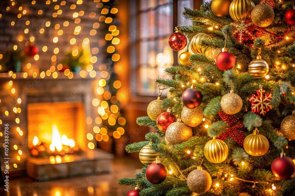 Festive Christmas Tree with Golden Bokeh Decorations and Ample Copy Space for Holiday Greetings and Messages Festive Christmas Tree with Golden Bokeh Decorations and Ample Copy Space for Holiday Greetings and Messages