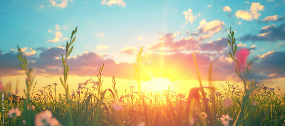 Obraz premium sunrise in the blue sky of spring and plants background 4