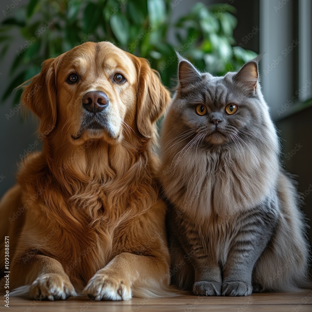 A golden retriever and a fluffy gray cat sit together, showcasing their companionship. A golden retriever and a fluffy gray cat sit together, showcasing their companionship.