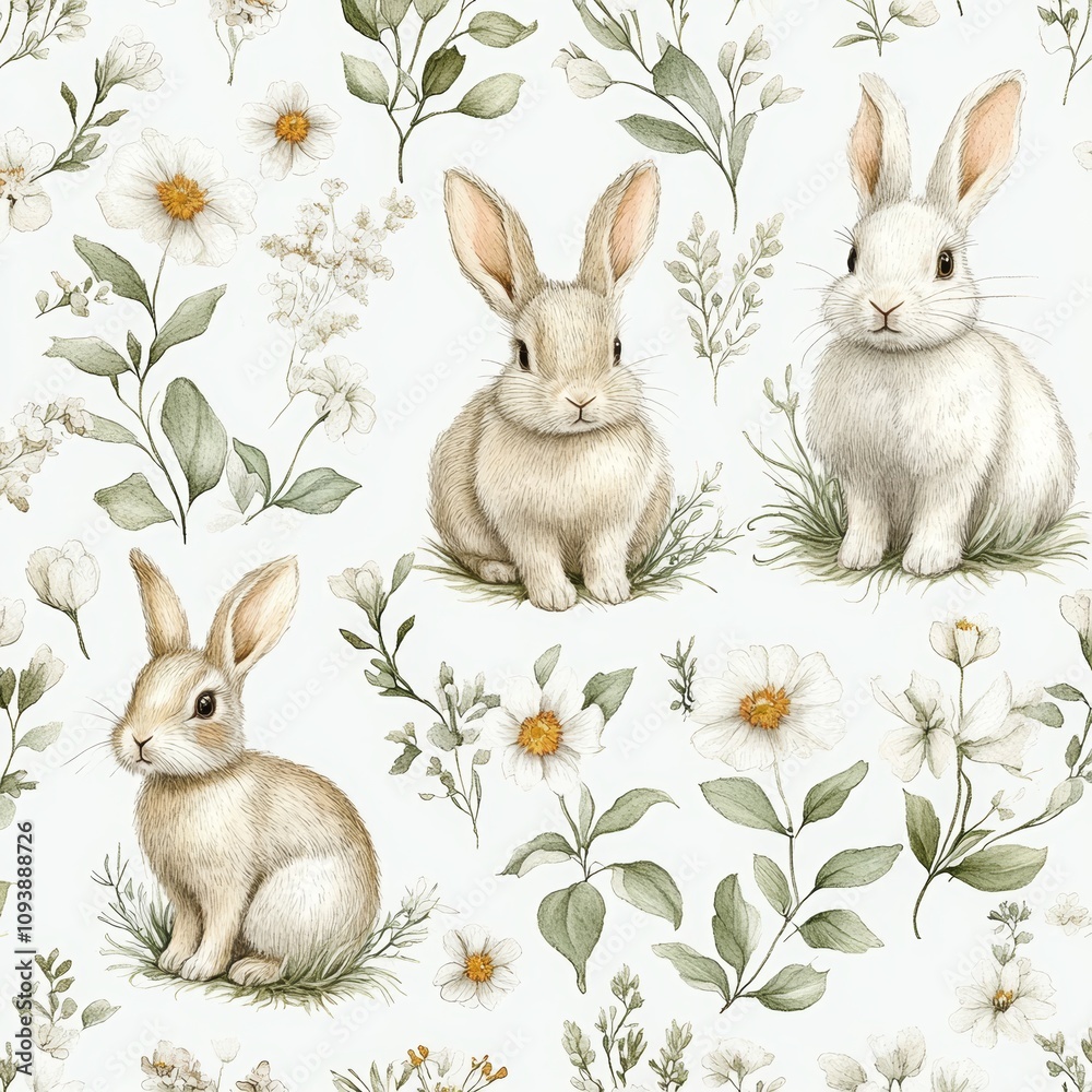 Watercolor seamless pattern of rabbits and flowers in spring with cute white hares, green leaves, and floral designs for fabric and decoration Watercolor seamless pattern of rabbits and flowers in spring with cute white hares, green leaves, and floral designs for fabric and decoration