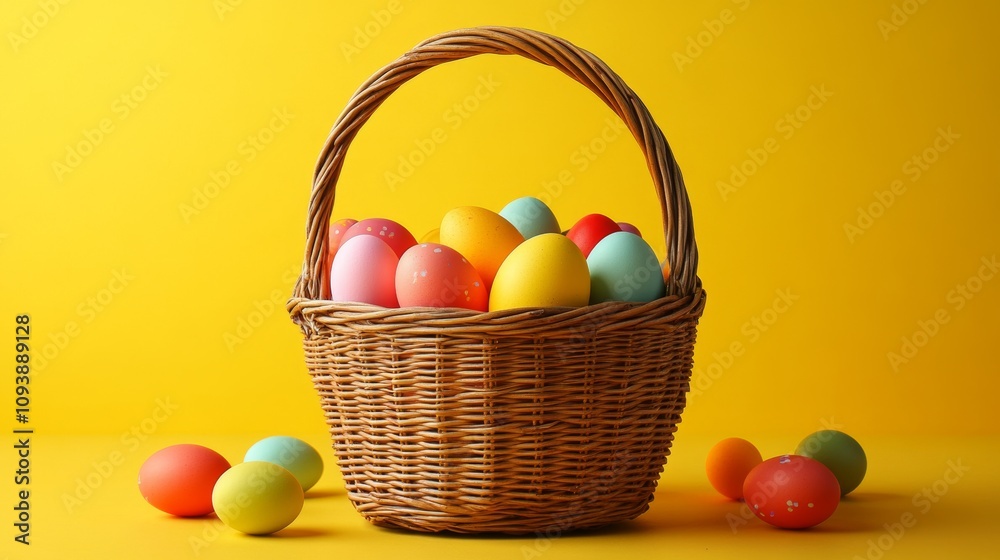 Colorful wicker basket filled with pastel Easter eggs on a bright yellow table Colorful wicker basket filled with pastel Easter eggs on a bright yellow table