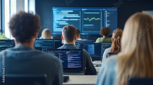 Wallpaper Mural A group of data science students learning in a classroom, coding and running algorithms on their laptops. Torontodigital.ca