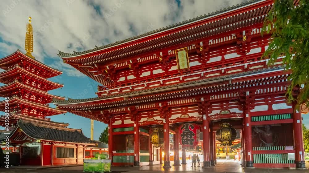 4k timelapse of tikaminarimon of sensoji in Asakusa, Tokyo, Japan. the lantern displays the name of the town Kobunacho, and the chinese words on the board mean sensoji. iconic landmark