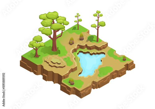 Isometric beautiful park with lake and trees