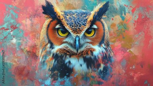 Vibrant owl portrait showcasing colorful abstraction with striking double exposure art