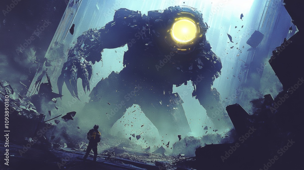 Obraz premium Muscular Alien Creature Emerging from Destroyed Cityscape with Human Figure in Awe
