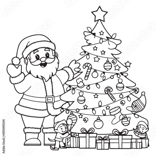 Christmas Tree with Santa Claus Gifts Fun children Coloring Page  book for Kids Christmas Activity Book , Happy Merry Christmas festive Coloring book