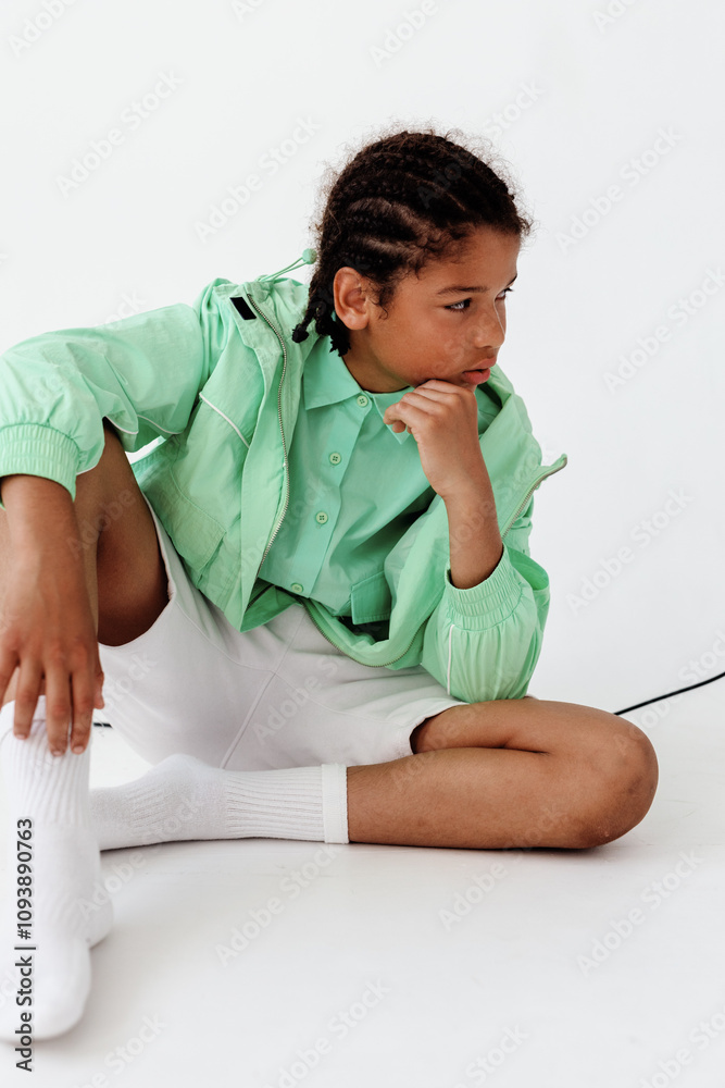 Obraz premium Thoughtful young boy in stylish green jacket and white shorts sitting on floor with chin in hands