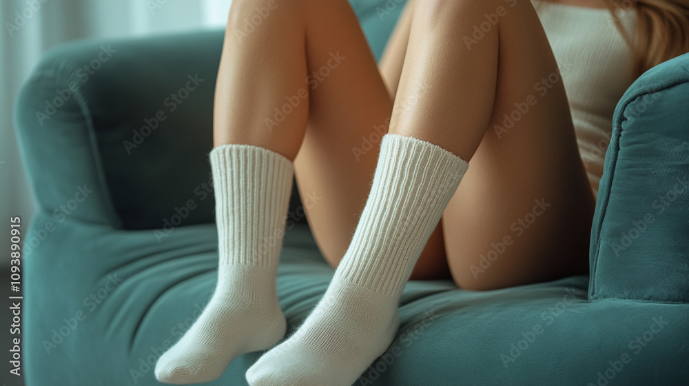 woman’s legs resting comfortably on a couch, cozy in white attire, creating a sense of relaxation, calmness, and comfort in a peaceful home setting woman’s legs resting comfortably on a couch, cozy in white attire, creating a sense of relaxation, calmness, and comfort in a peaceful home setting