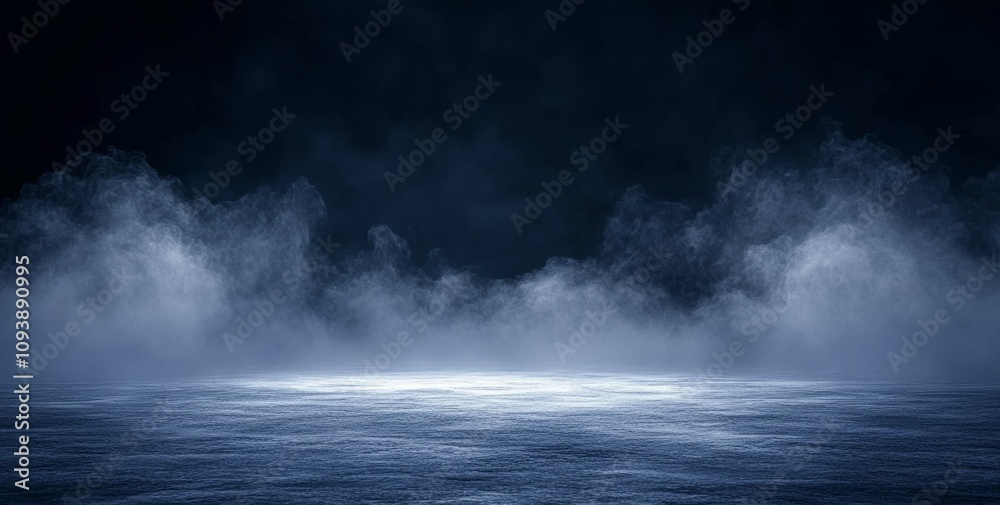 Dark Moody Scene with Glowing Ice Surface and Swirling Fog Dark Moody Scene with Glowing Ice Surface and Swirling Fog