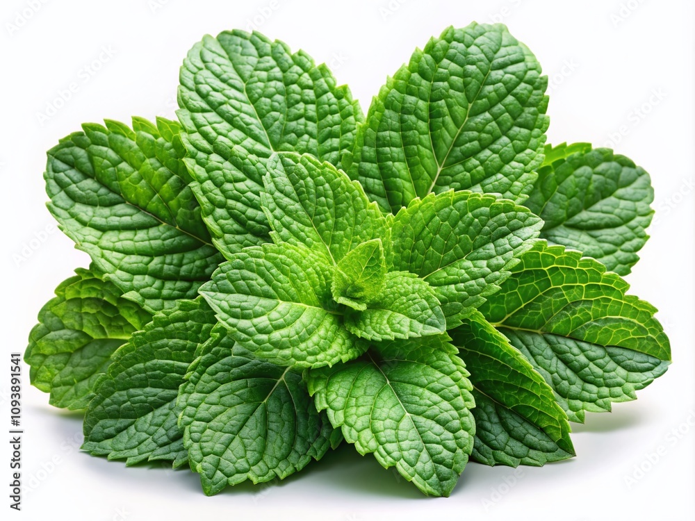 Fresh Mint Leaves Isolated on a White Background - Herb and Natural Medicine for Culinary and Aromatherapy Uses, Showcasing the Vibrant Green Color and Texture of Mint Fresh Mint Leaves Isolated on a White Background - Herb and Natural Medicine for Culinary and Aromatherapy Uses, Showcasing the Vibrant Green Color and Texture of Mint