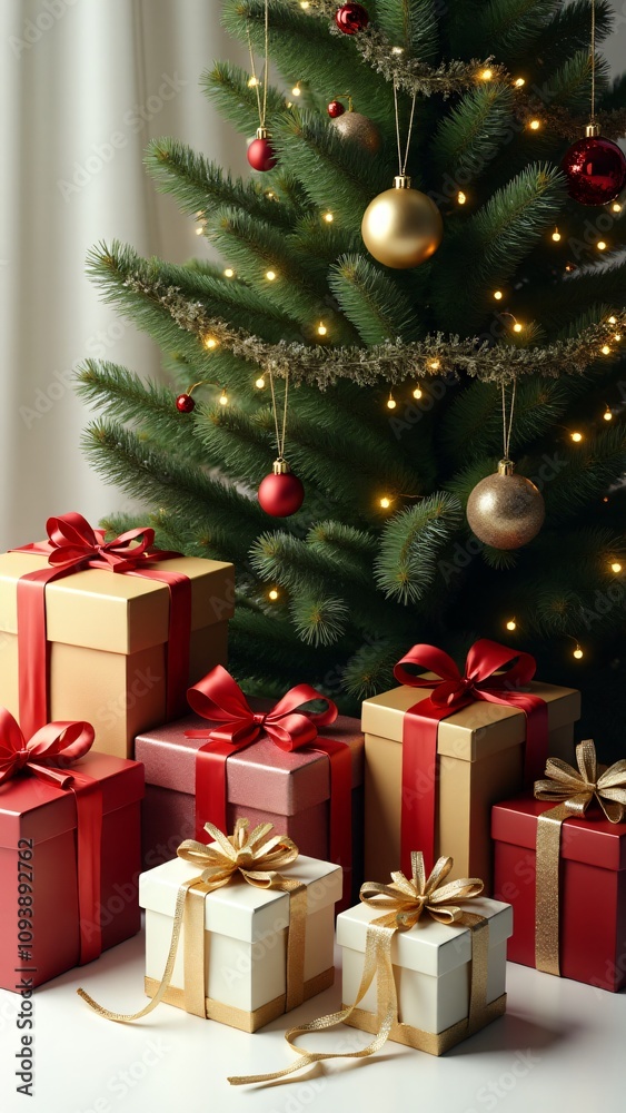 A beautifully decorated Christmas tree with sparkling lights, red and gold ornaments, and wrapped gift boxes with golden ribbons, perfect for holiday celebration themes. A beautifully decorated Christmas tree with sparkling lights, red and gold ornaments, and wrapped gift boxes with golden ribbons, perfect for holiday celebration themes.