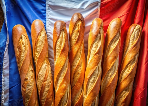 Documentary photography: French baguettes and flag, rendered in AI art.  Celebrating French heritage. photo