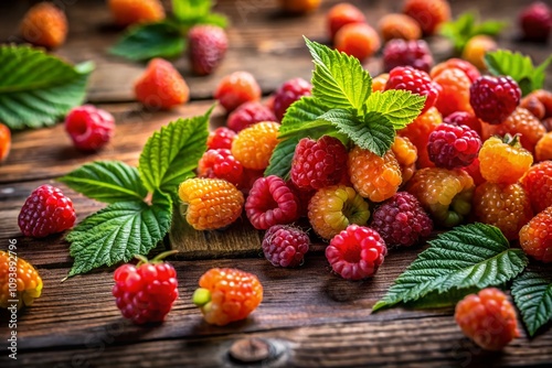 Full Frame Image of Fresh Salmonberries on a Rustic Wooden Table with Natural Light Highlighting Their Juicy Texture and Vibrant Colors, Perfect for Food Photography Enthusiasts photo