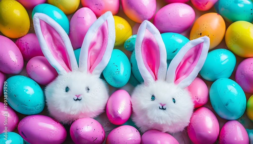 bunny ears hidden among colorful eggs