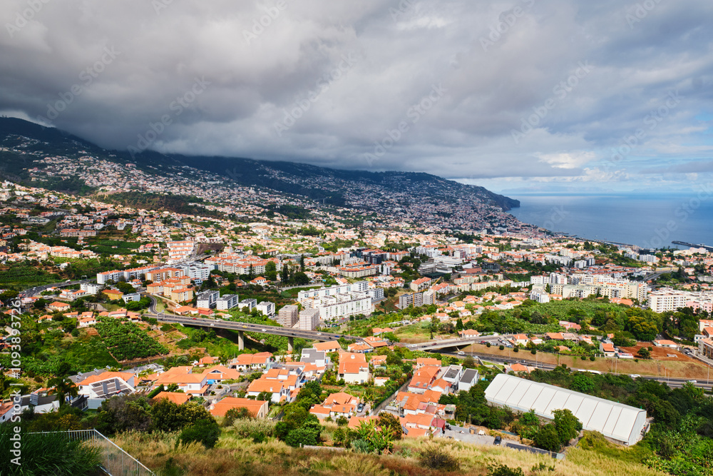 Fototapeta premium Aerial drone view of Funchal town, Madeira island, Portugal
