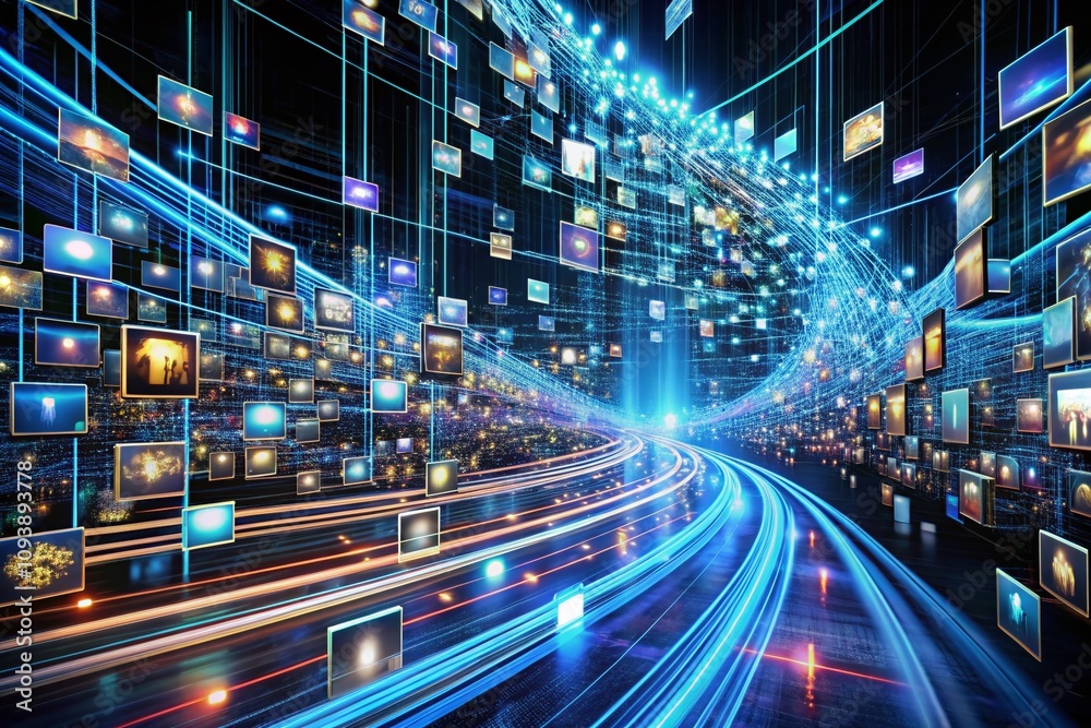 Fototapeta premium Futuristic Data Analytics Concept: Long Exposure Image of Efficiently Organized Files and Sorting Large Data Sets on a Dark Background with Structured Information Flow