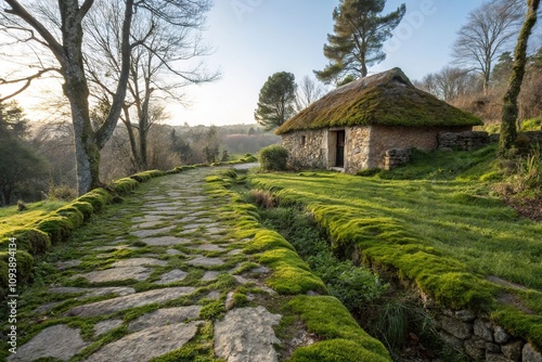 Moss-covered stone path leading to a tiny cottage with a thatched roof, stone path, forest floor, fairy tale home photo