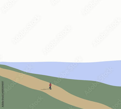 Senior woman walking on mountain valley with lake view. Minimal art design. Spending time after retirement travel in nature.