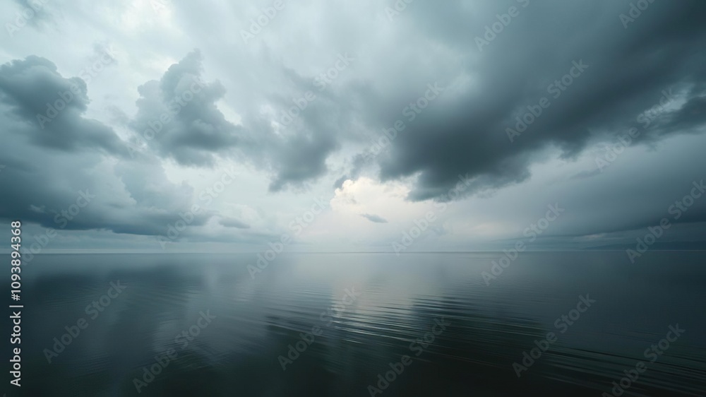 Mysterious black clouds suspended above a still lake, suspended clouds, serene atmosphere Mysterious black clouds suspended above a still lake, suspended clouds, serene atmosphere