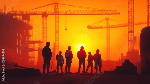 Construction Workers Silhouetted Against a Sunset