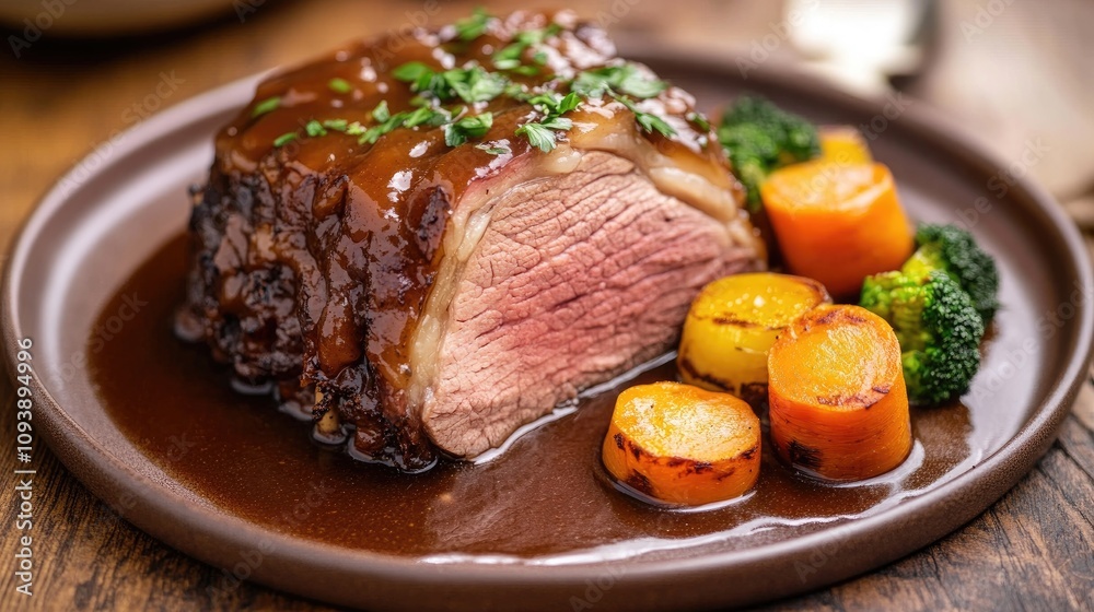 Tender Roast Slices with Vegetables on a Plate Tender Roast Slices with Vegetables on a Plate