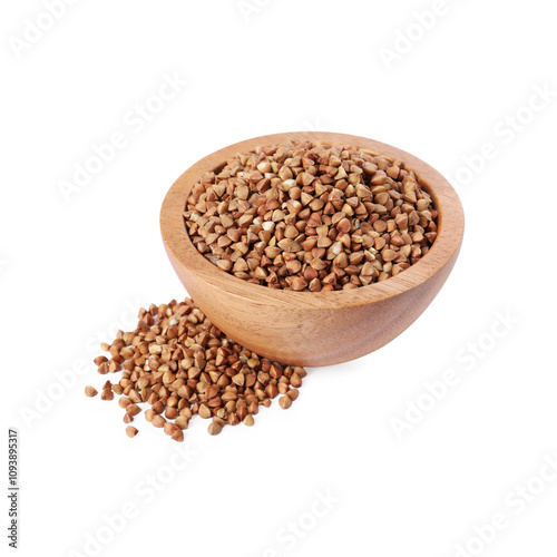 Raw buckwheat in bowl isolated on white