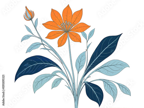 abstract Illustration of orange flower with blue stem and leaves in neo primitive style on white background photo