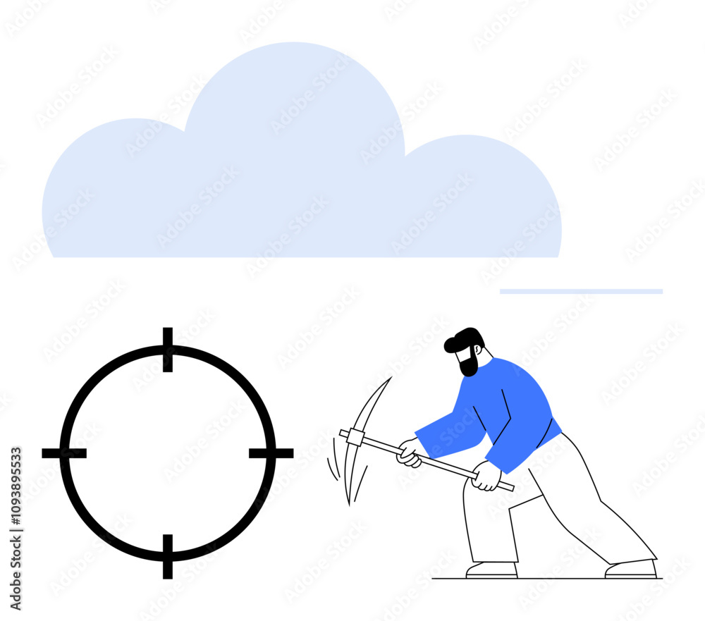 Man swinging pickaxe aimed at a target symbol with blue cloud overhead. Ideal for goal setting, determination, focus, mining, cloud technology, hard work, and perseverance messages. Line metaphor Man swinging pickaxe aimed at a target symbol with blue cloud overhead. Ideal for goal setting, determination, focus, mining, cloud technology, hard work, and perseverance messages. Line metaphor