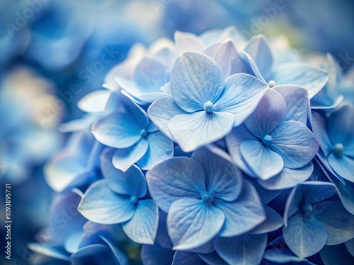 Gentle Blue Hydrangea Floral Pattern in Tilt-Shift Style for Elegant Home Decor and Textile Design, Featuring Soft Tones and Delicate Details for a Modern Aesthetic