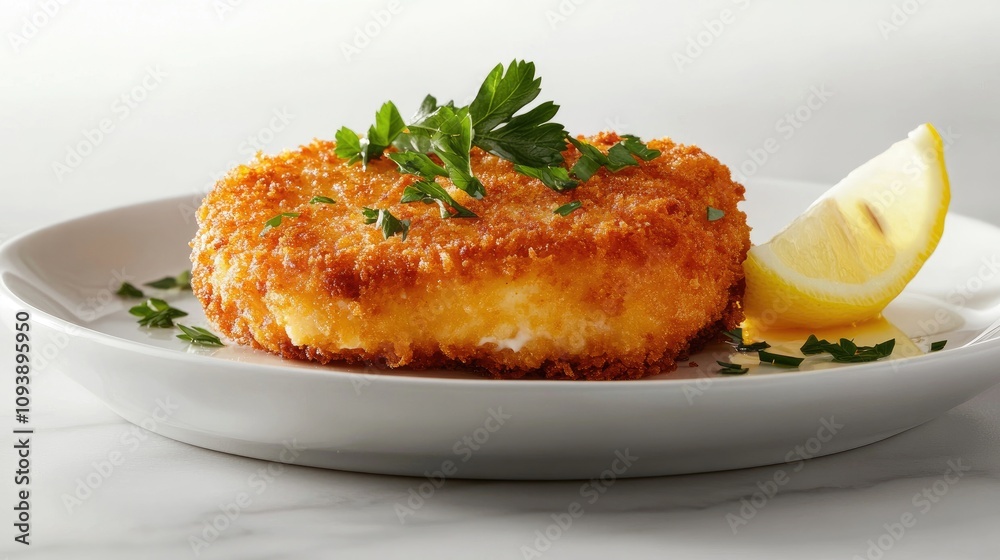 Crispy Breaded Cutlet Garnished with Lemon Slice Crispy Breaded Cutlet Garnished with Lemon Slice