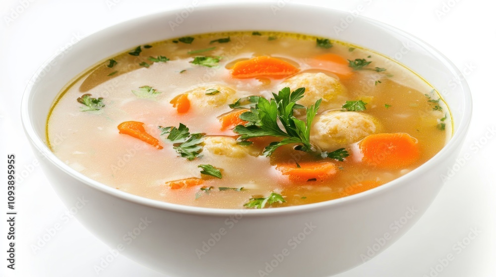 Comforting Matzah Ball Soup with Carrots in Bowl Comforting Matzah Ball Soup with Carrots in Bowl